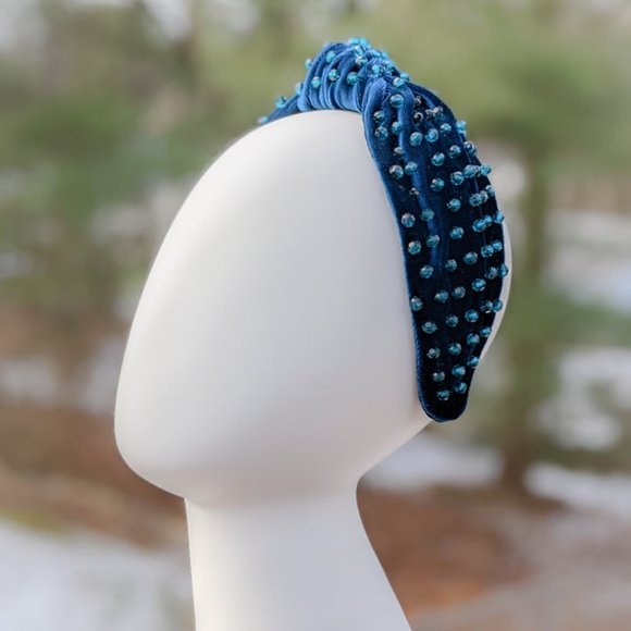 Deep Teal Beaded Knot Velvet Headband Teal Faceted Beads Handmade Knotted Winter main image 9